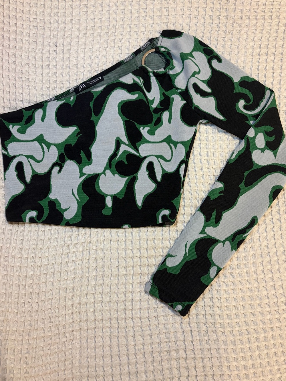 Zara Green & Black Ribbed One Shoulder Crop Top